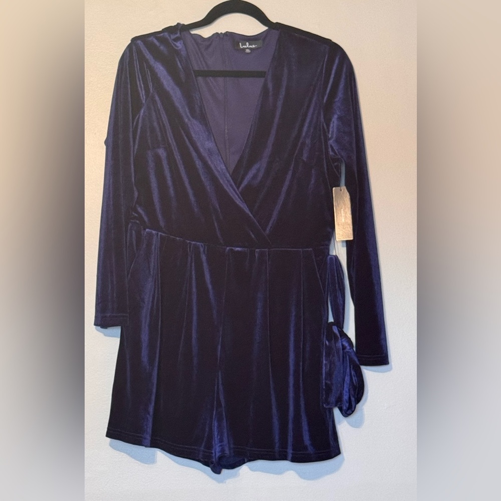 Lulus Romantic Moves Navy Blue Velvet Long Sleeve Romper